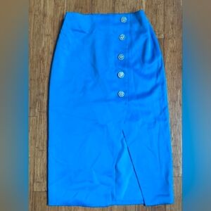 House of Harlow 1960 Women's Royal Blue Satin 5 Button Midi Pencil Skirt (New)